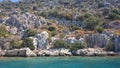 The sunken ruins on the island of Kekova Dolichiste of the ancient Lycian city of ancient Simena, was destroyed by an earthquake, Royalty Free Stock Photo