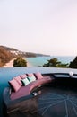 Sunken seating in the infinity edge pool with ocean view in even