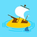 Sunken ship on island. Shipwreck vector illustration