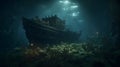 Sunken ship in the ocean. game landscape.