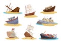 sunken ships set. sunken ships lie on the water surface and on the sand, wreck of cargo and pirate ships. vector catoon