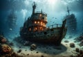 Sunken ships under water. Generative AI