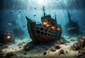 Sunken ships under water. Generative AI