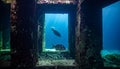 Sunken Shipwreck Window with Fish in Blue Ocean Royalty Free Stock Photo