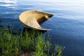 Sunken small motor boat on the shore Royalty Free Stock Photo
