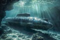 Sunken submarine in underwater cave scenery.