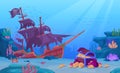 Sunken treasure. Sunken ship with pirate treasures chest on ocean bottom, underwater life of coral seabed, undersea