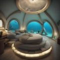 A sunken underwater dome home with bioluminescent interior lighting, creating an ethereal ambiance