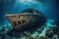 Aged ship in ocean depths - Sunken vessel\'s underwater story, wrecked maritime legacy, generative AI