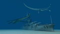 Sunken warship and prehistoric sea reptiles Royalty Free Stock Photo