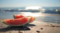 Sunkissed and happily snacking on juicy watermelon slices while watching the ocean tides roll in and out Royalty Free Stock Photo