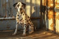 Sunlight Bathing a Spotted Dalmatian Sitting by Rustic Metal Wall in Golden Hour