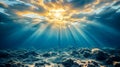 Sunlight Beaming Through the Water, Illuminating the Seabed in a Serene Underwater Ocean Scene. Generative AI Royalty Free Stock Photo