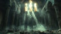 Sunlight beams through gothic cathedral ruins, illuminating dust and decay Royalty Free Stock Photo