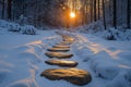 A breathtaking winter sunset illuminates a snowy path lined with smooth stones. Trees Royalty Free Stock Photo