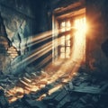Sunlight Through Broken Window in Ruins Play of light and textur Royalty Free Stock Photo