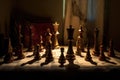 sunlight casting dramatic shadows on chess pieces