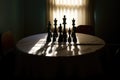 sunlight casting dramatic shadows on chess pieces