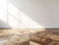 Sunlight Casting Geometric Shadows on Warm Wooden Floor and White Wall Royalty Free Stock Photo