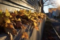 sunlight casting shadows on leaves in gutter
