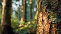 Sunlight casting warm glow on textured tree bark in a lush green forest with blurred background of surrounding trees and foliage Royalty Free Stock Photo
