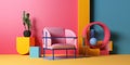 memphis design room sofa interior geometric sunlight art home colourful armchair. Generative AI.