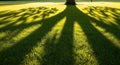 Sunlight creates elongated tree shadows on a vibrant green lawn. The tree trunk is Royalty Free Stock Photo
