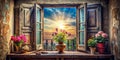 Sunlight Dapples an Antique Balcony Window Adorned with Floral Vases A Timeless Image of OldWorld Charm and Rustic Royalty Free Stock Photo