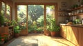 Sunlight-drenched kitchen with garden views, filled with plants and natural light Royalty Free Stock Photo