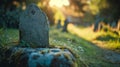 Sunlight Filtered Through Trees Illuminating a Gravestone in a Cemetery