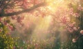 Sunlight filtering through a canopy of blossoming cherry trees in a peaceful garden Royalty Free Stock Photo
