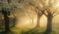 Sunlight filtering through a canopy of blossoming cherry trees in a peaceful garden Royalty Free Stock Photo