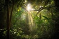 sunlight filtering through the dense canopy of the amazonas, creating a magical atmosphere