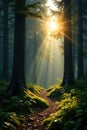 Sunlight filtering through the foliage of a coniferous forest, foliage, sunlight, trees Royalty Free Stock Photo