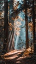 sunlight filtering through the leaves of tall giant trees in a dense forest Royalty Free Stock Photo