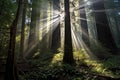 sunlight filtering through towering redwood trees