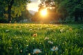 Sunlight filtering through trees onto grass and flowers in natural landscape Royalty Free Stock Photo