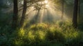 Sunbeams Through a Lush Forest in the Morning Landscape Scenery Royalty Free Stock Photo