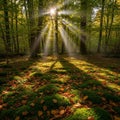 Sunlight filters through the dense canopy of a forest, illumin Royalty Free Stock Photo