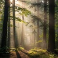 Sunlight filters through the dense canopy of a forest, illumin Royalty Free Stock Photo