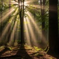 Dense canopy of a serene forest casting rays that illuminate the Royalty Free Stock Photo