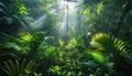 Sun rays filtering through jungle trees creating natural landscape Royalty Free Stock Photo