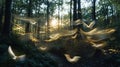 Sunlight filters through a dense forest, casting a warm glow on ethereal, illuminated paths that appear like golden threads
