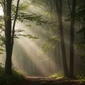 Sunlight filters through a dense forest, creating beams that illuminate the path below. Royalty Free Stock Photo