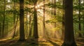 Sunlight filters through a dense forest, Royalty Free Stock Photo