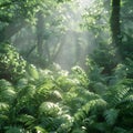 Sunlight filters through evergreen trees in a vibrant forest plant community Royalty Free Stock Photo