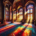 sunlight filters through the glass windows and casting spectrum of rainbow colors. Royalty Free Stock Photo