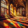 sunlight filters through the glass windows and casting spectrum of rainbow colors. Royalty Free Stock Photo