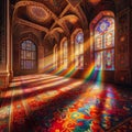 sunlight filters through the glass windows and casting spectrum of rainbow colors. Royalty Free Stock Photo