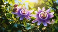 Sunlight filters through the leaves, highlighting two vibrant passion flowers in full bloom